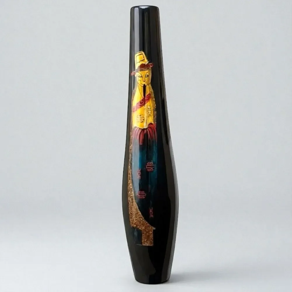 Vintage Japanese Gilded Gold Black Lacquer Tall Vase